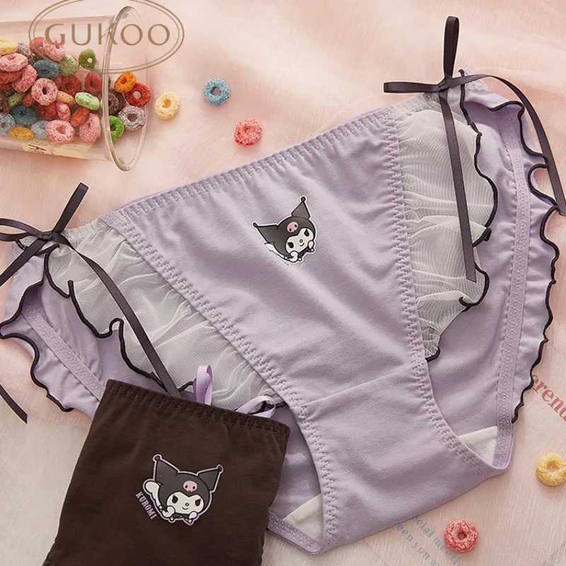 Kuromi Kawaii Cute Underwear Women New Low Waist Pure Cotton Anti-bacterial Crotch Pairs Briefs Lace Bow Soft Breathable Undies