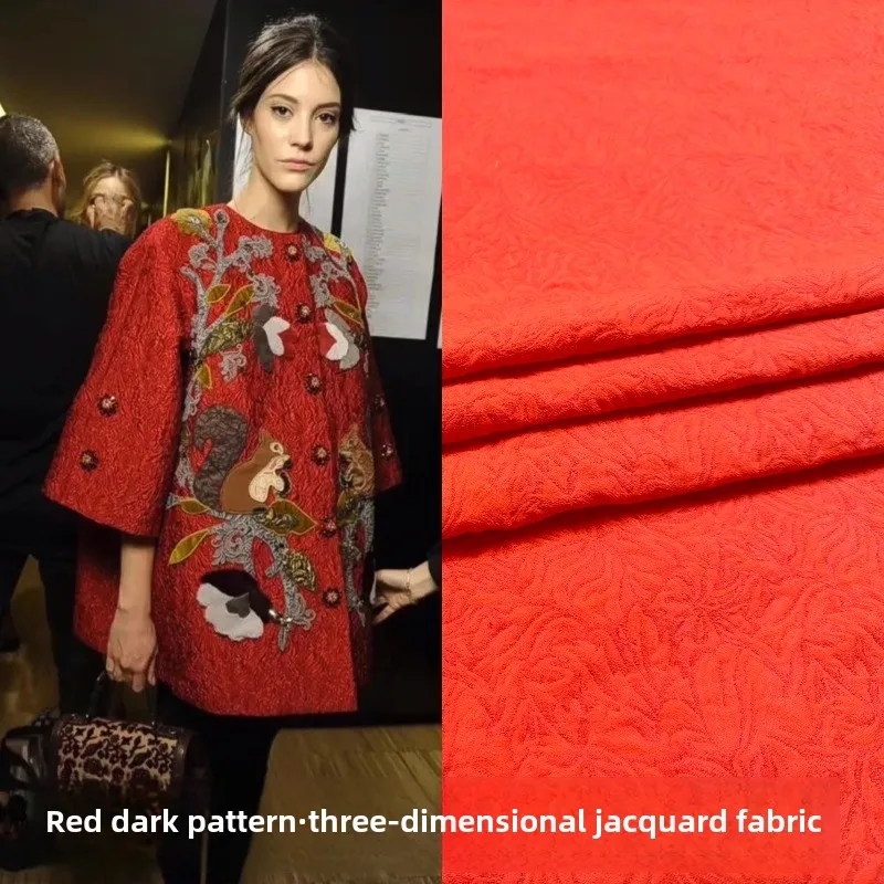 

Fashionable Red Jacquard Fabric for Diy Sewing Skirt Windbreaker Set Yarn Dyed Runway Clothing Cloth By The Meter