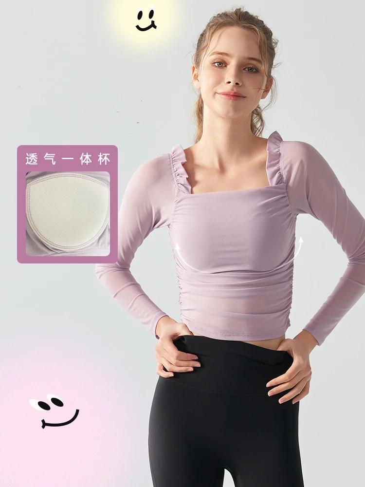 

Fix Cup Mesh Long Sleeve Soft Breathable Women Yoga Fitness Shirt Outdoor Sports Running Gym Workout Pilates Skin-friendly Tops