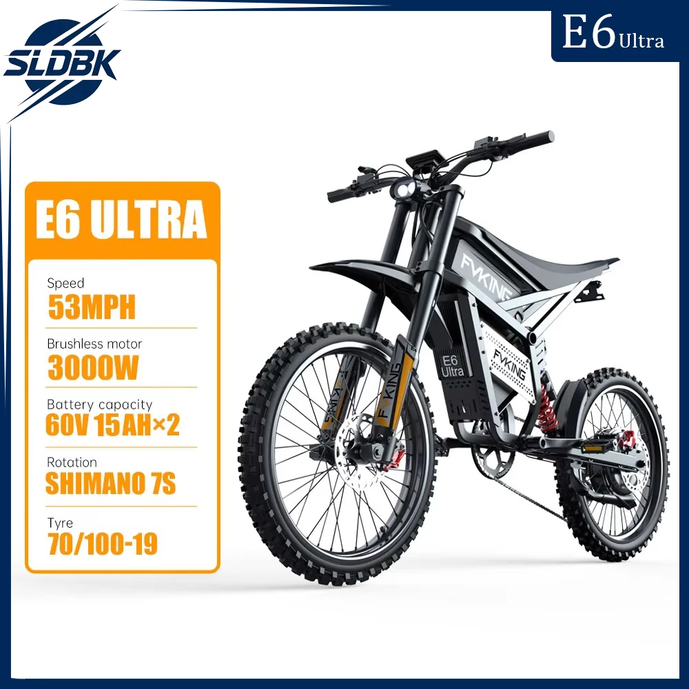 

SLDBK E6 Ultra 3000W Adult Off-Road Electric Bike 60V30AH Lithium Battery with Full Suspension Hydraulic Brakes Riding Range