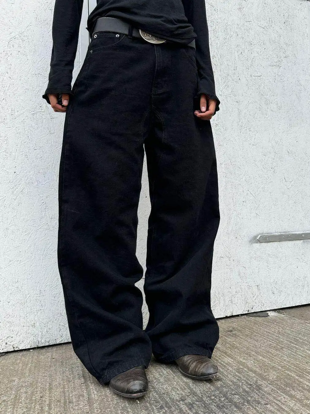 

No Faith Studios Stereo Cut Loose Casual Baggy Wide Leg Wash Scimitar Black Jeans