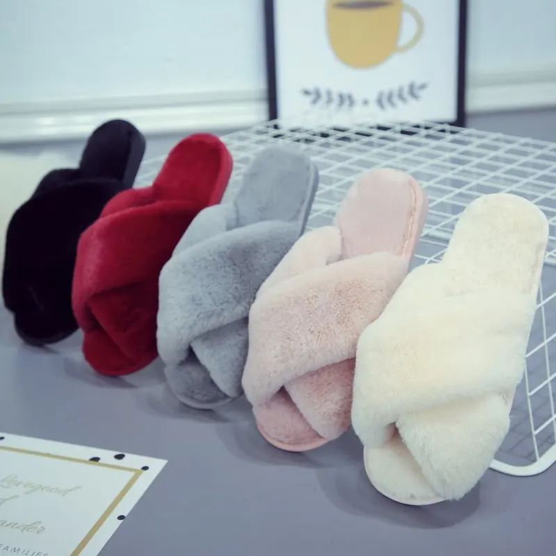 Women Winter House Furry Slippers 2022 New Design Women Cross Fluffy Fur Home Slides Flat Indoor Floor Shoes Ladies Flip Flops