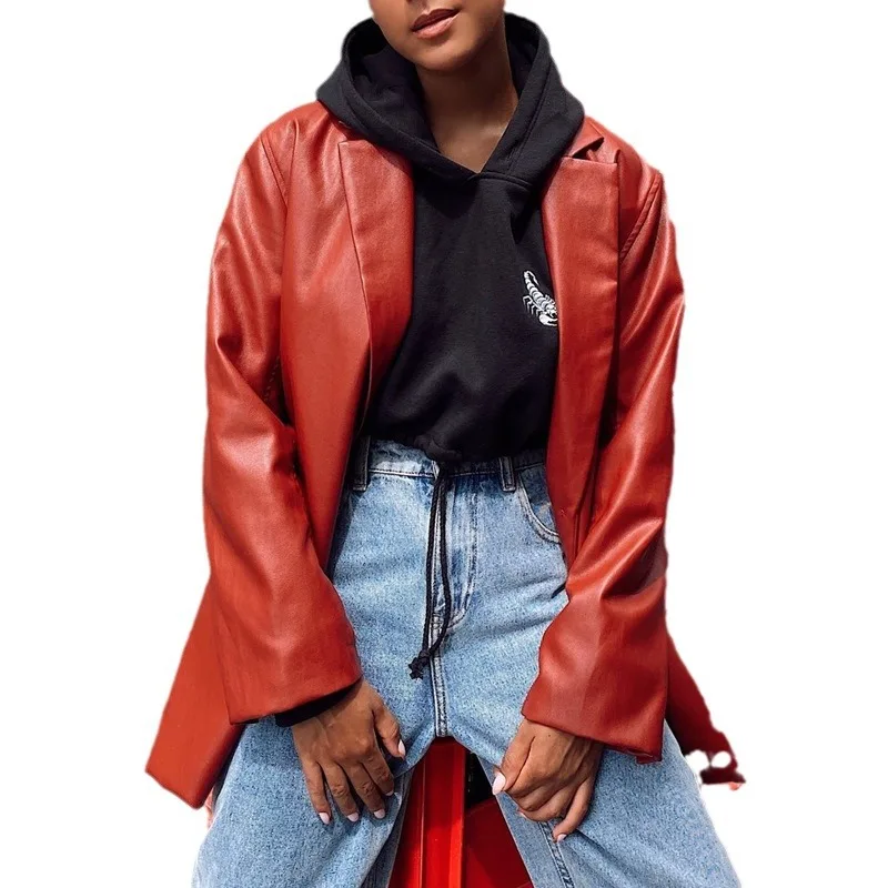Bla Leather Jaet 2023 여성용 캐주얼 따뜻한 가을 겨울 신상품 여성 아우터웨어 PU 가죽 코트 슈트 칼라