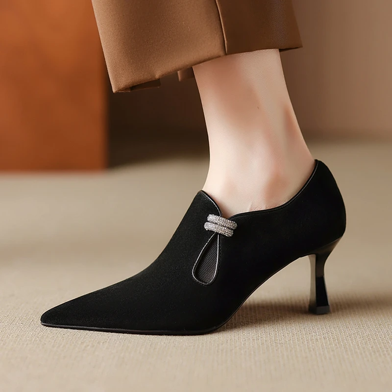 Women's new spring and autumn genuine leather sheep suede pointed side zipper French retro deep mouth high-heeled single shoe