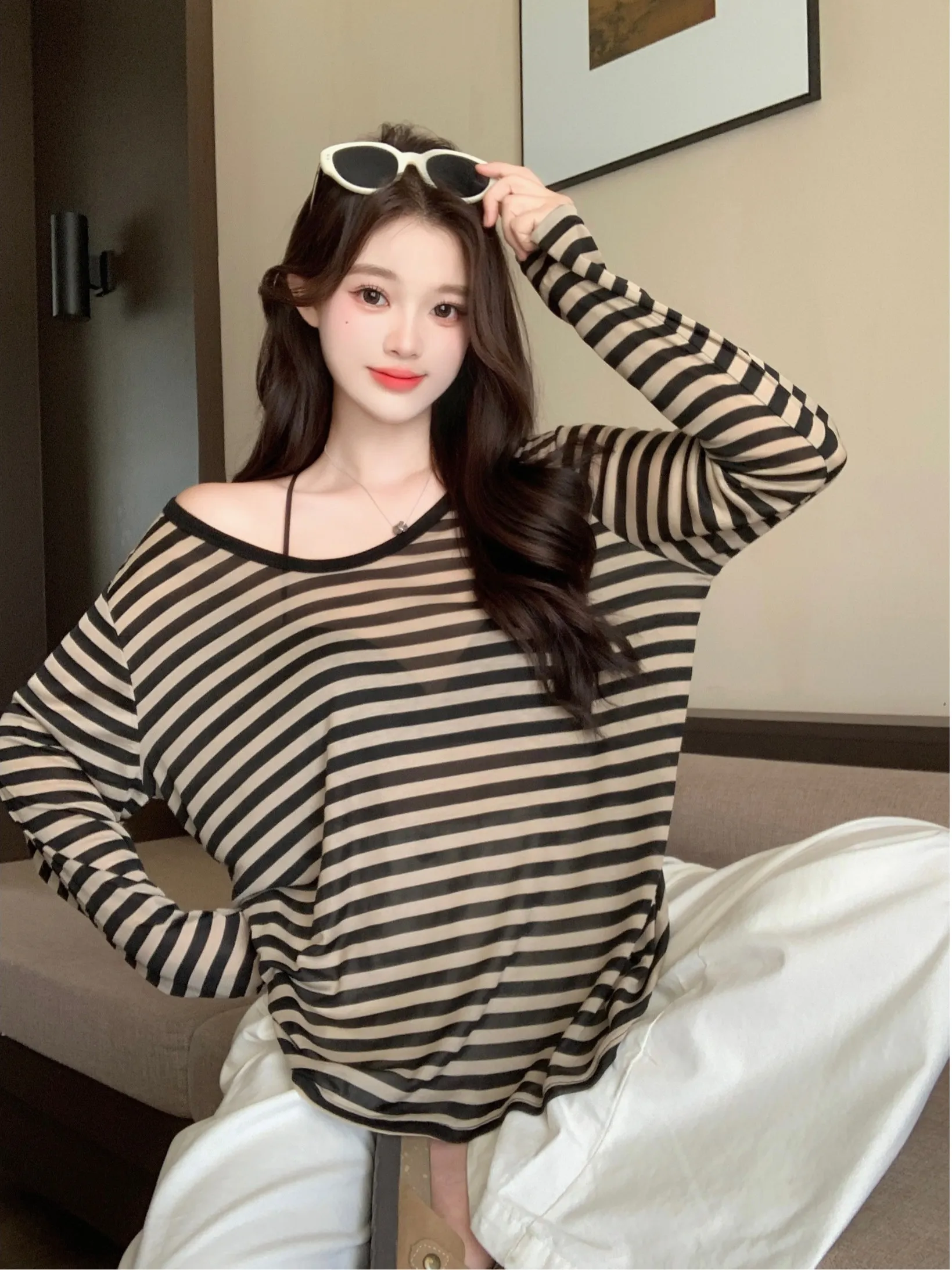

plus Size Women's Lazy Stripe Long Sleeve Sun Protection T-Shirt Summer Loose Slimming Casual Overhead Top Comfortable Fit