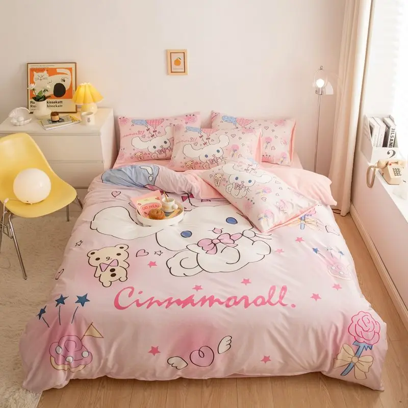 Kuromi Cinnamoroll Milk Fleece Four-Piece Set Thickened Coral Fleece Dormitory 3-Piece Sheets Quilt Cover Pillowcase