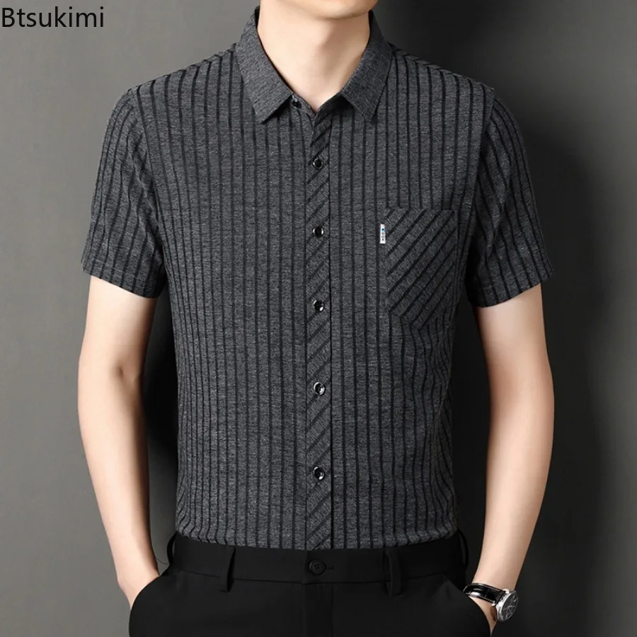 New High-quality Men's Mulberry Silk Short Sleeve Shirt Summer Loose Casual Striped Button Cardigan Tops Men Daily Social Blouse