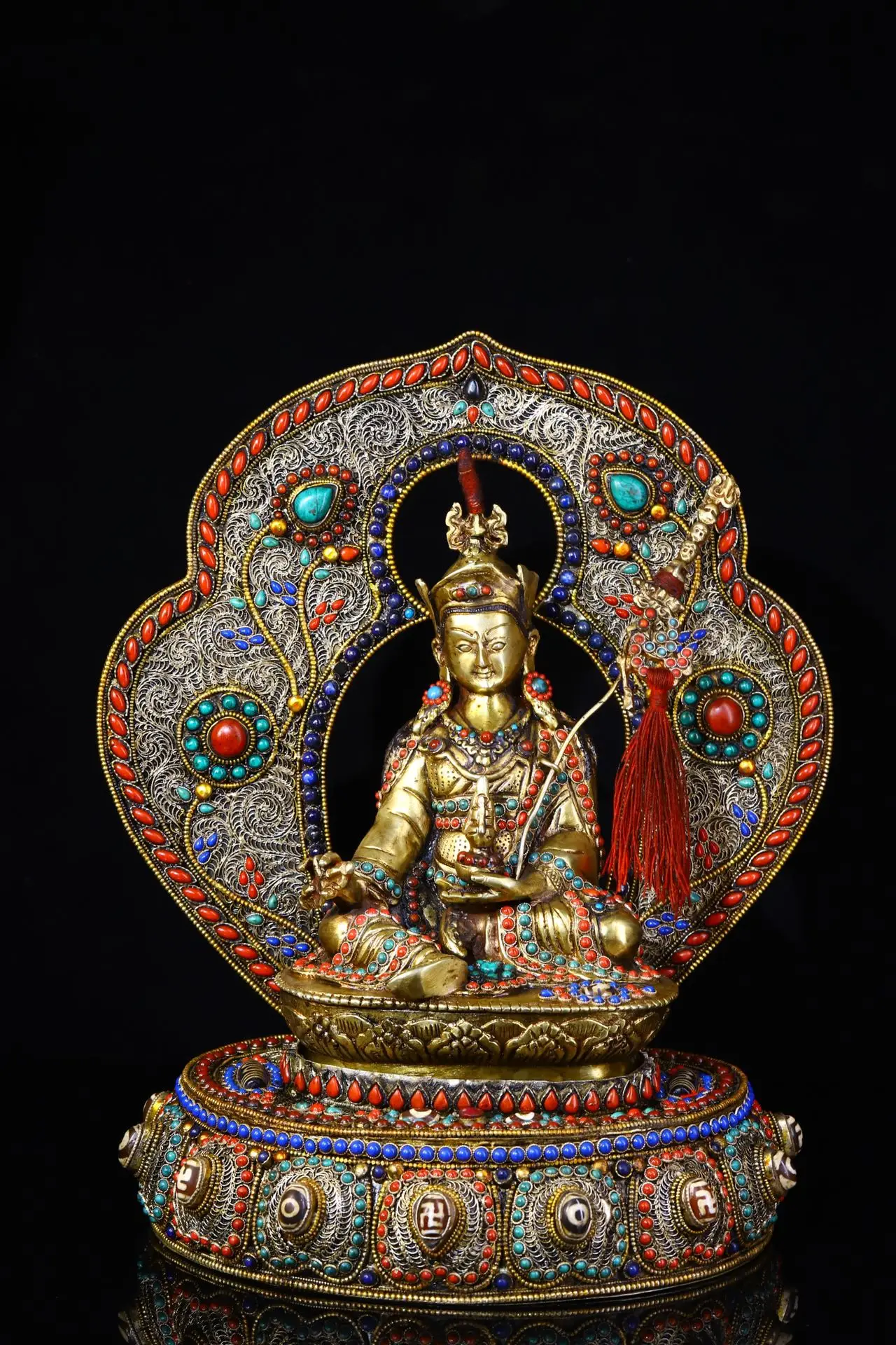 

12"Tibetan Temple Collection Old Tibetan silver Outline in gold Mosaic Gem gZi Beads Padmasambhava Buddhist Niche Worship Hall