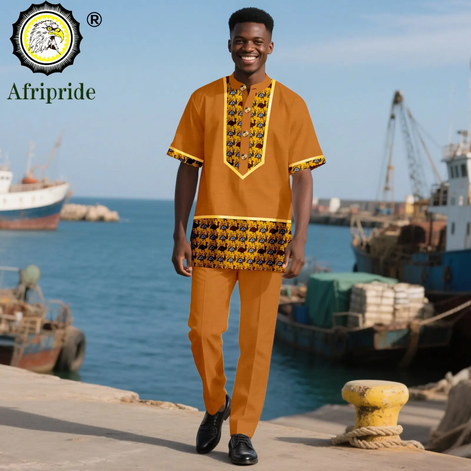 African Traditional Clothing for Men Half Sleeve Embroidery Print Single Breasted Shirts and Pants 2 Piece Outfits 2516056