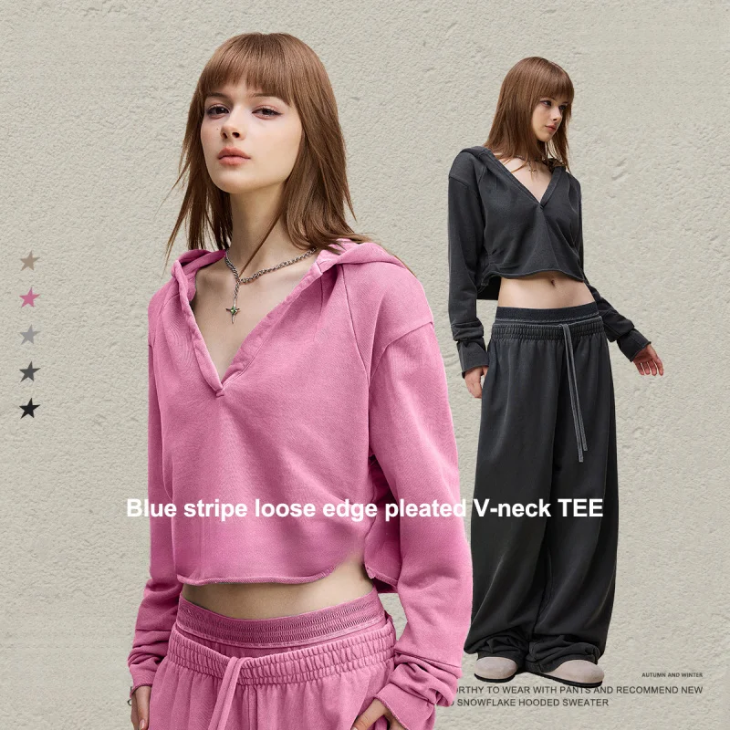 

2025 Autumn New European & American Retro Spice Girl V-Neck Pleated Short Hooded 100% Cotton Long Sleeve Soild T-Shirt Women