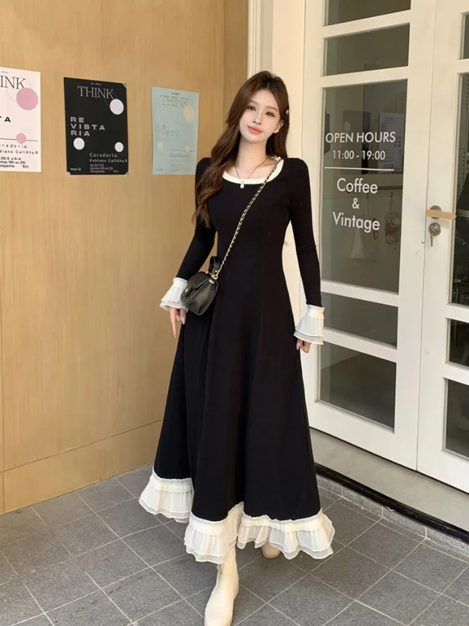 

plus Size Women's Gentle Ruffle Splice A-Line Fish Tail Skirt Dress High Waist Long Sleeve Autumn Commute Style Elegant Dress