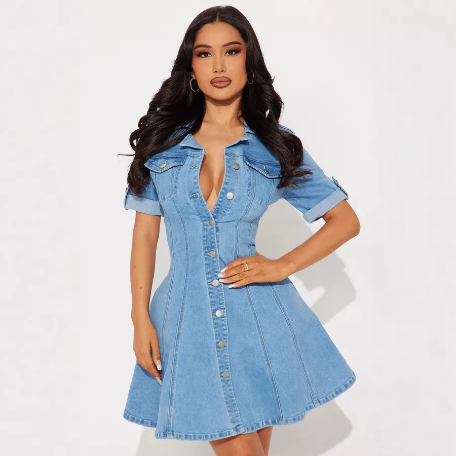 

2026 Fashion Casual Buttoned Lace-Up Slimming Short-Sleeve Denim Dress for Women