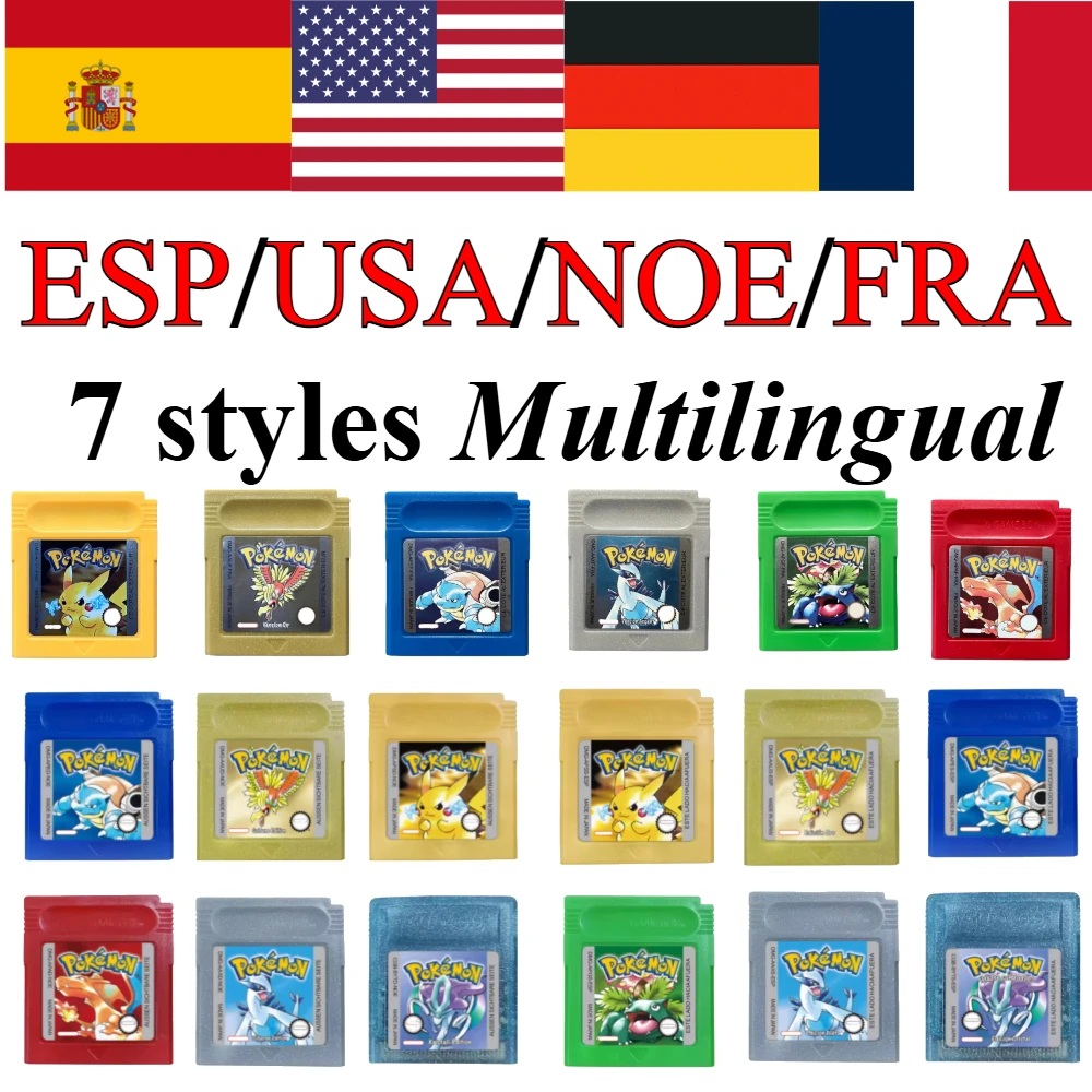 

Pokémon GBC Game Cartridge 7 Styles Red Blue Green Gold Silver Crystal 16 Bit Game Collection USA/ESP/NOE/FRA Versions