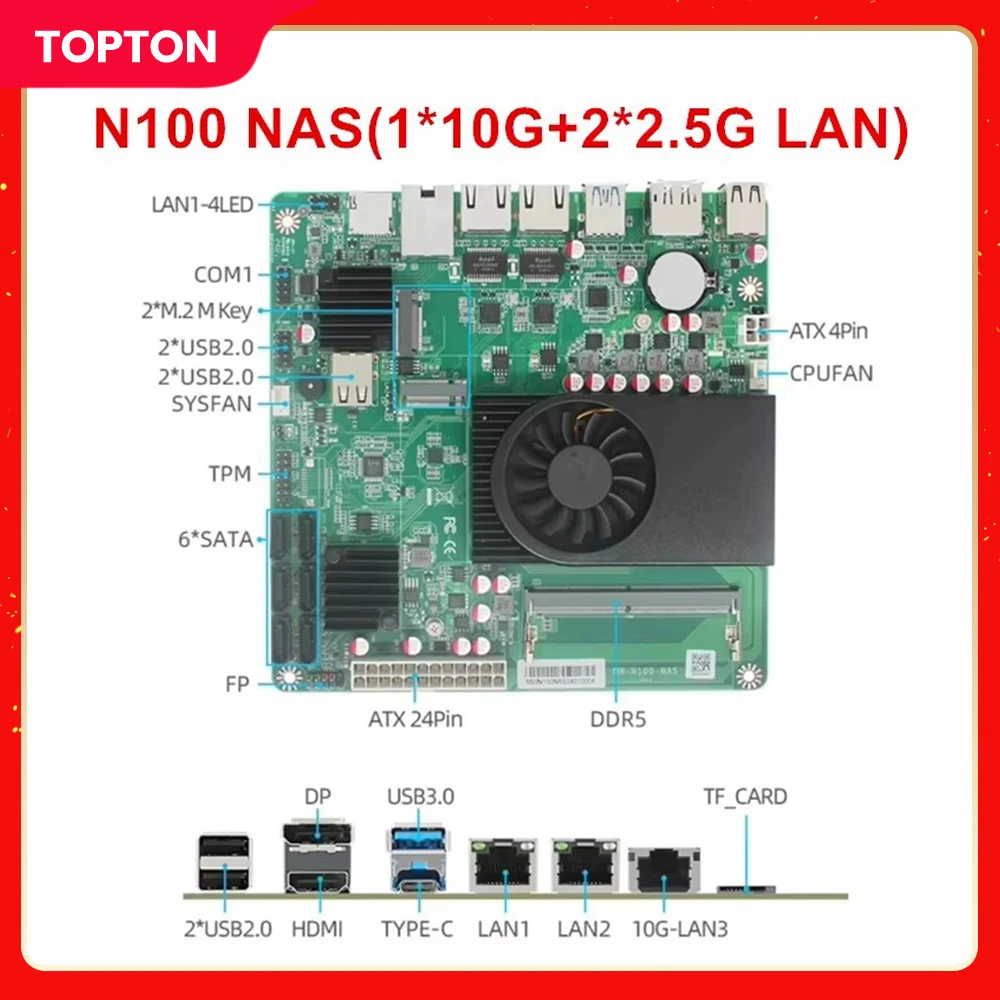 

Intel N100 NAS Motherboard 6-Bay 1*10G 2*i226-V 2.5G 3LAN 6*SATA3.0 2*M.2 NVMe 1*DDR5 4800MHz Soft Router Firewall ITX Mainboard