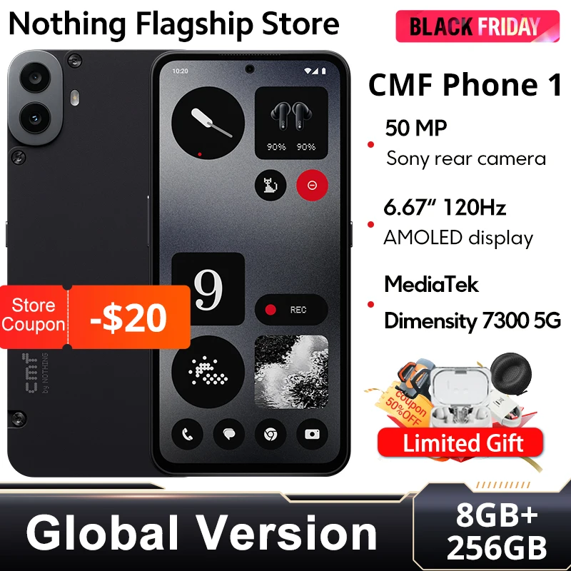 هاتف CMF 1 الإصدار العالمي للهاتف الذكي 6.67 بوصة 120 هرتز سوبر AMOLED LTPS عرض الأبعاد 7300 5G معالج 50 ميجابكسل كاميرا خلفية سوني