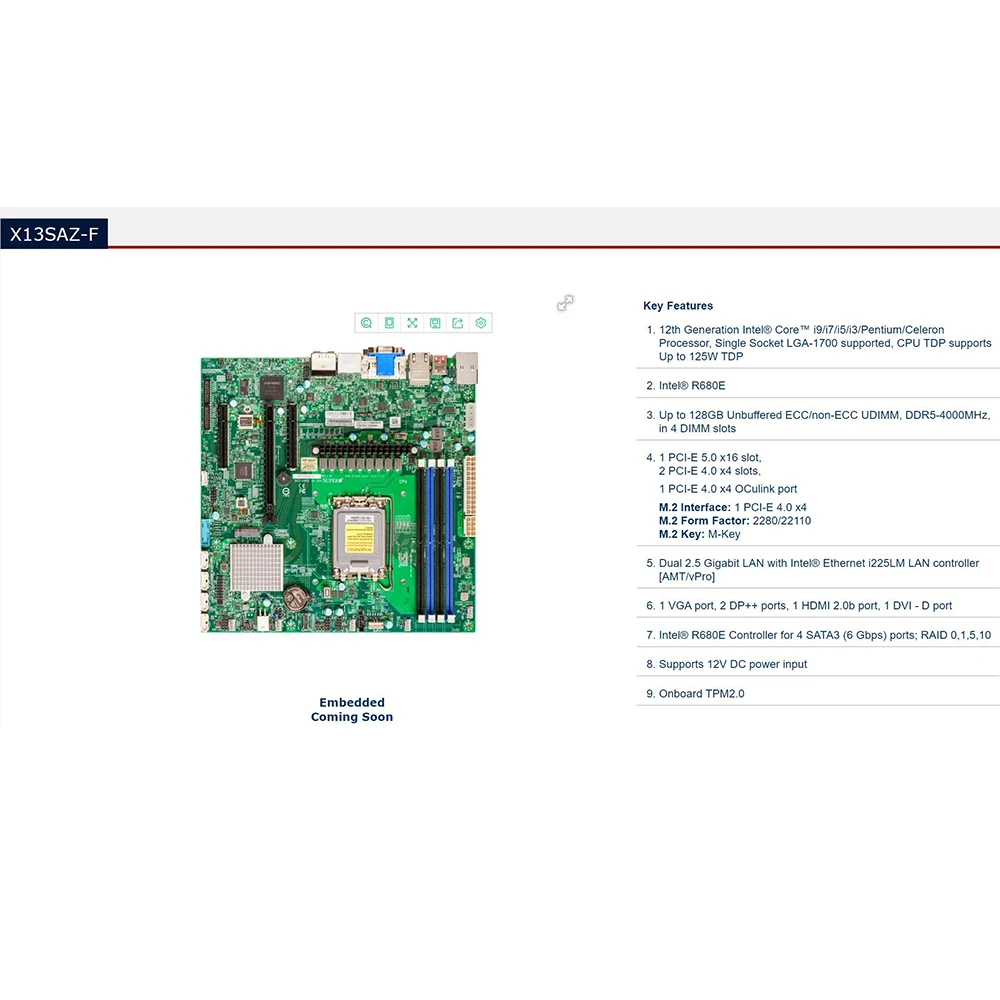 Embedded Motherboard 12th Generation Core i9/i7/i5/i3 LGA-1700 DDR5-4000MHz Q670E X13SAZ-Q