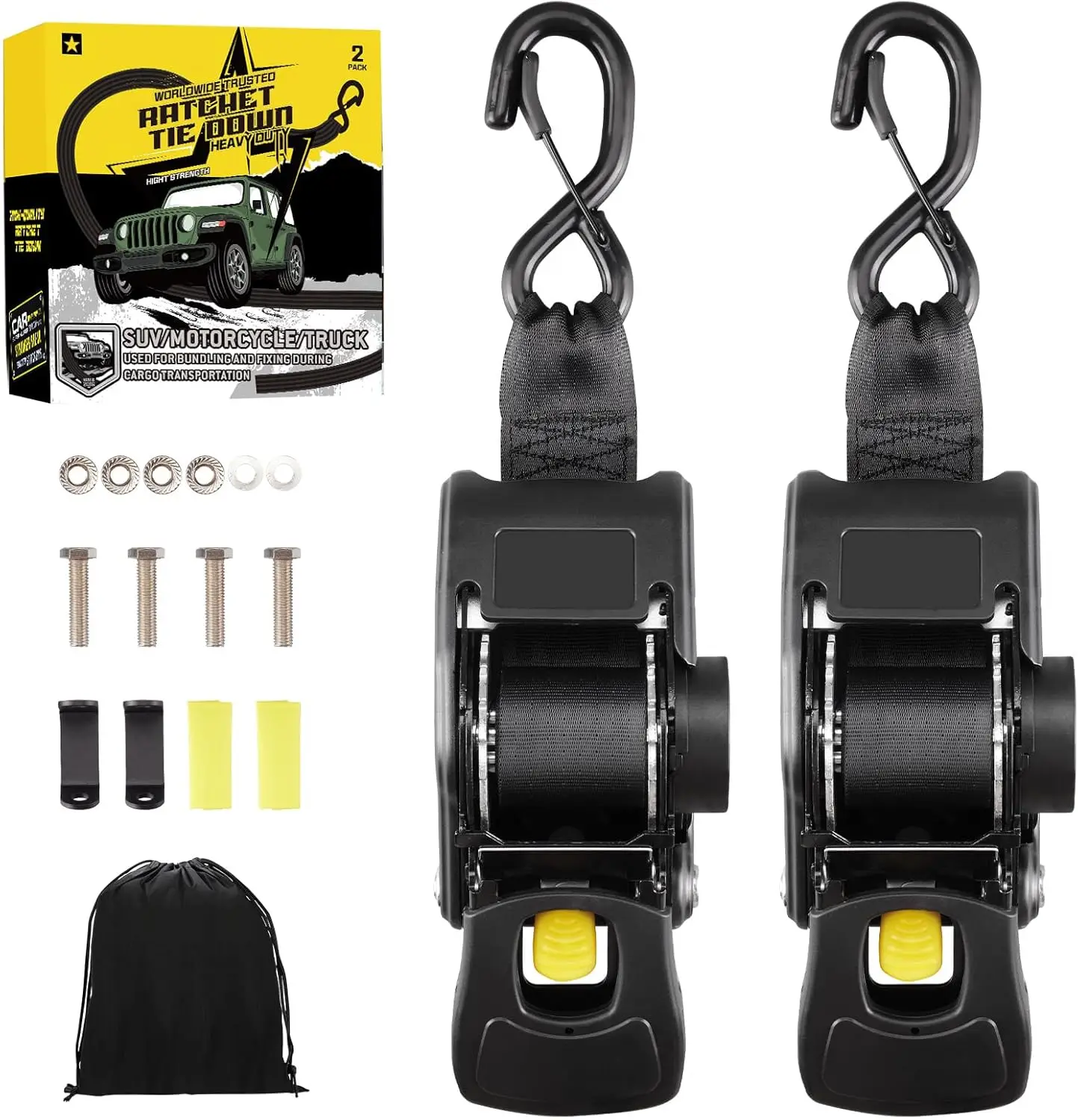 

2PCS Retractable Ratchet Straps Heavy Duty Transom Tie Downs2x4ft for Boat Trailer with Brackets Bolts Set2200LBS Break Strength