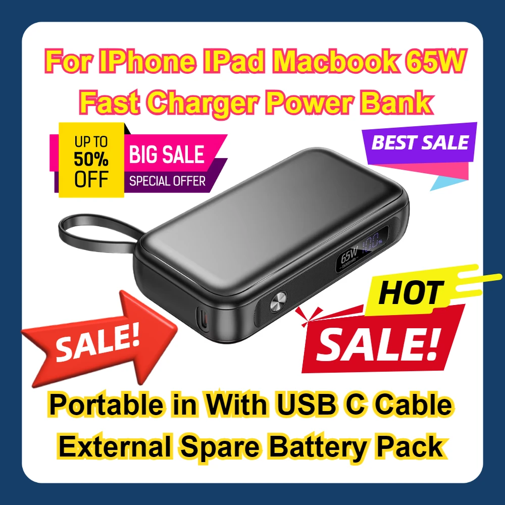 

For IPhone IPad Macbook 65W Fast Charger Power Bank Portable in With USB C Cable External Spare Battery Pack 15000mAh