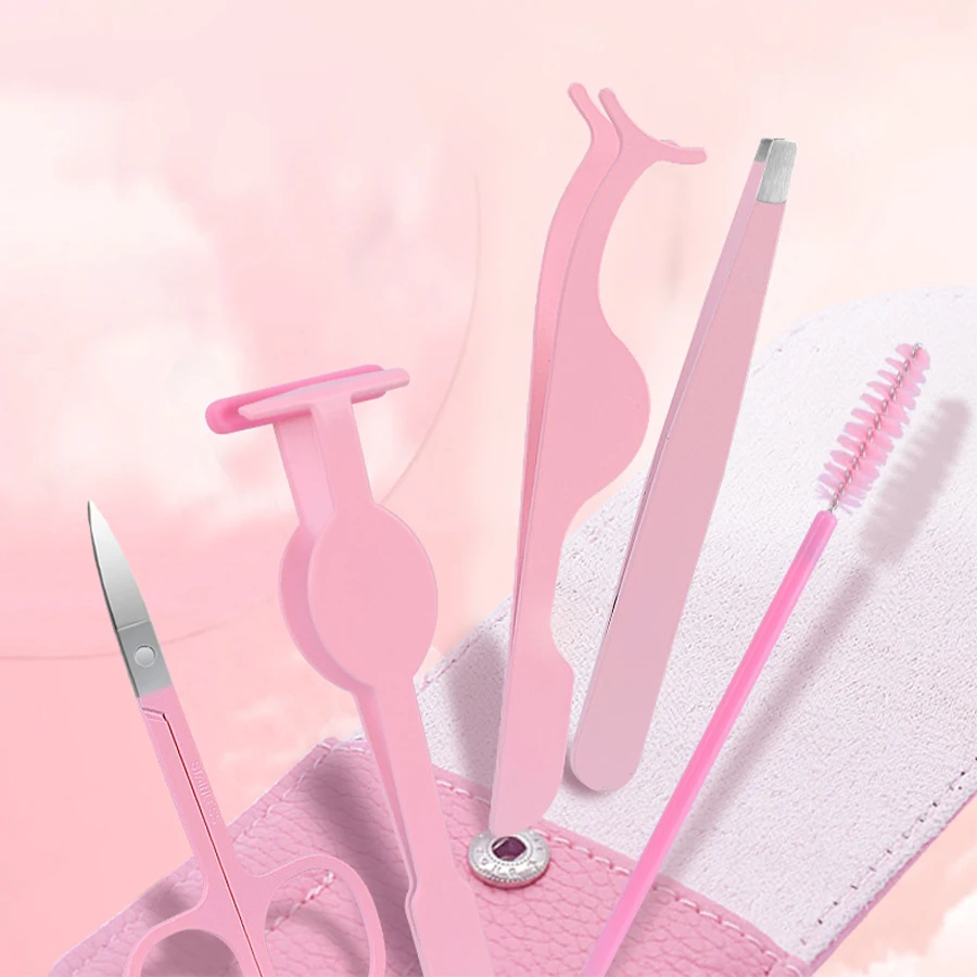 5PCS Stainless Steel False Eyelashes Auxiliary Tool Eyebrow Clip Brush Tweezers Leather Cover Beauty Tool Set