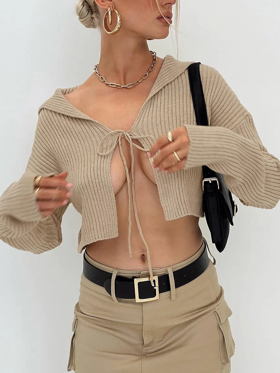

Women Knit Cardigan Long Sleeve Tie-up Solid Color Fall Ladies Crop Top Ladies Warm Fashion Sweaters Streetwear