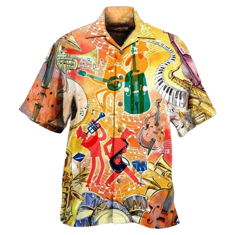 Guitar Music Graphic Hawaiian Shirt For Men Musical Instrument 3D Print Blouse Casual Short Sleeve Lapel Tops Loose Aloha Shirts