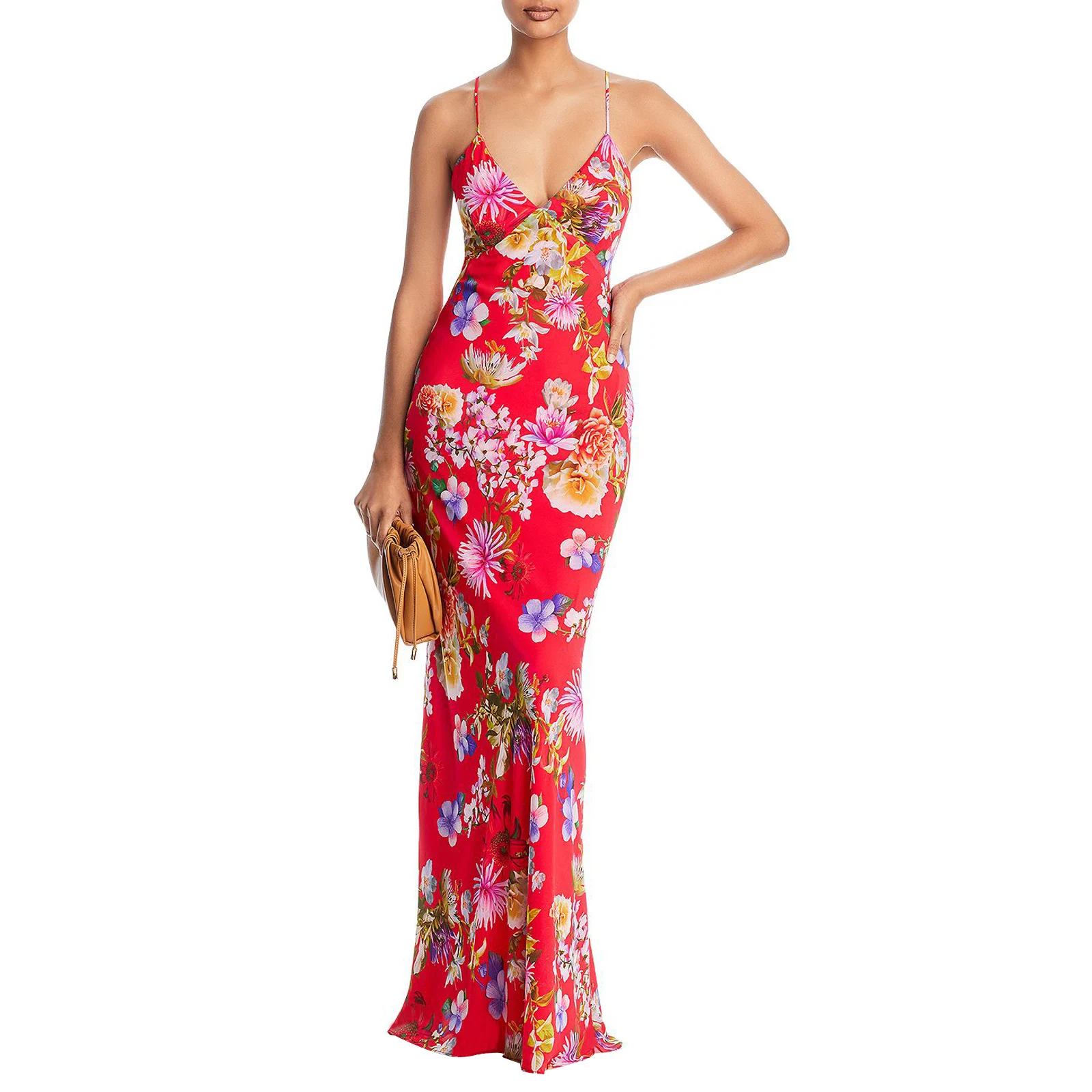 Summer Women Sling Dress Sleeveless V-neck Slip Dress Flower Print Elegant Cocktail Party Long Dress