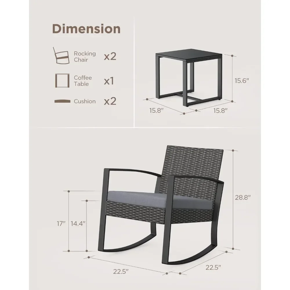 3 Pieces Patio Furniture Set, Outdoor Wicker Furniture Set, Modern Rattan Rocking Chair Set with Coffee Table for Yard, Balcony