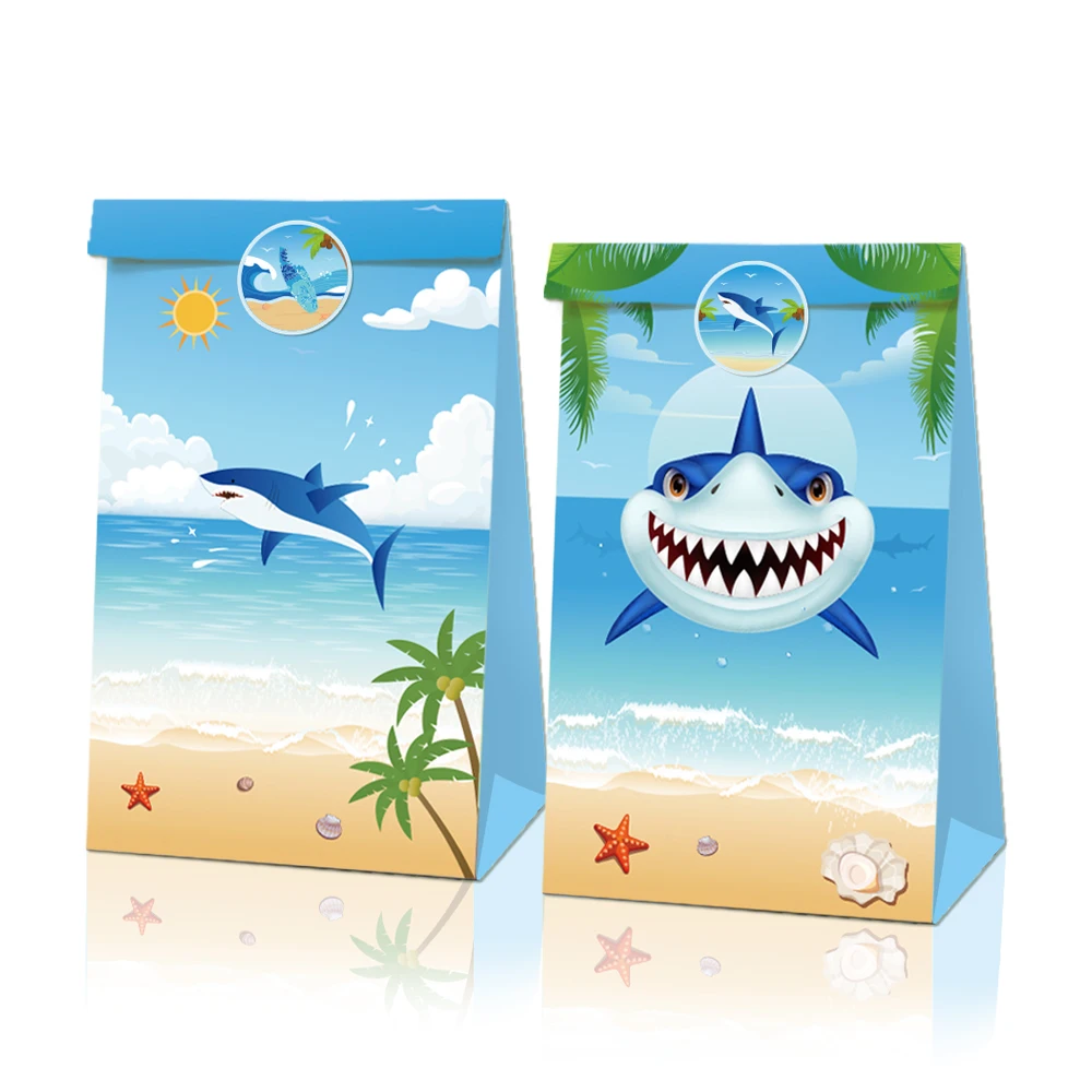 

LB026 12pcs Blue Cartoon Animals Sea Shark Baby Shower Party Decorating Birthday Gift Bags with Sticker Cookies Kraft Paper Bags