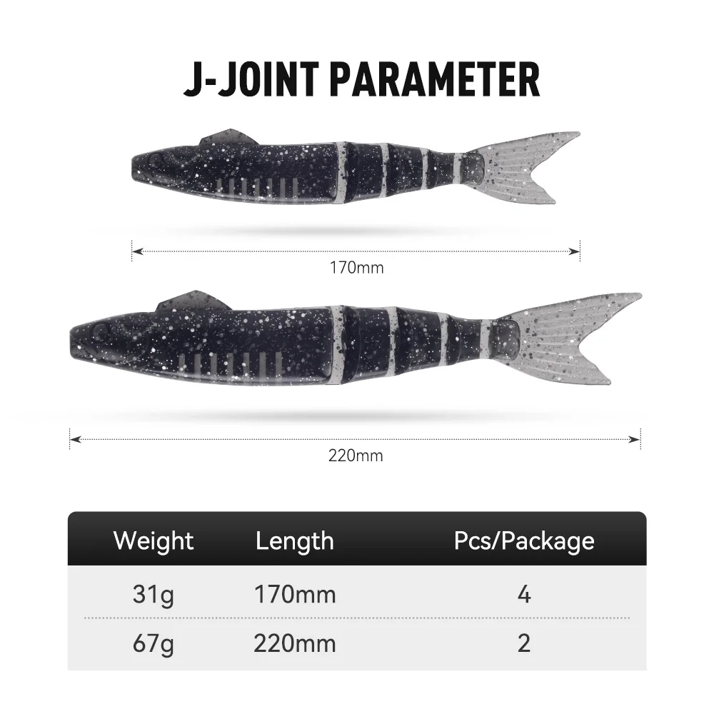 Kingdom J-Joint Jointed Fishing Lure 170mm 31g 220mm 67g Artificial Big Soft Bait Swimbait TPE Sinking Lure Black Pike 2pcs 4pcs