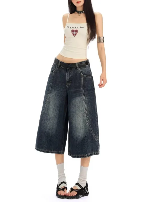 High Waist Wide Leg Denim Shorts Women's Summer Loose Fit Slimming Straight Cut Hot Pants plus Size Resistant to Deformation