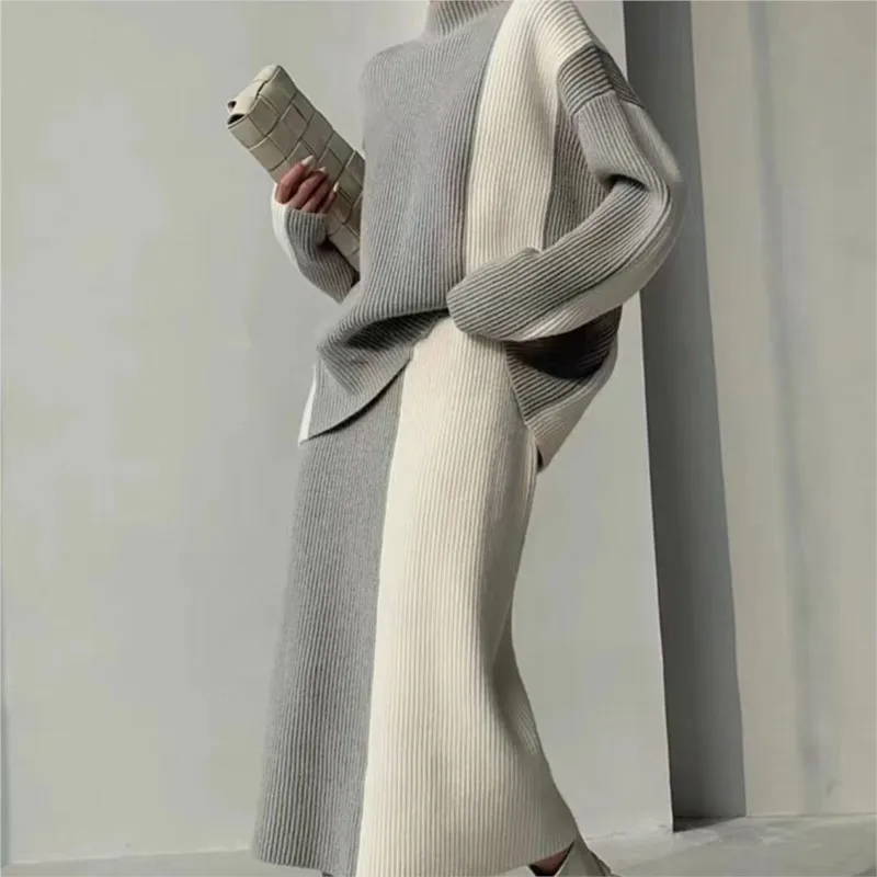 Two Piece Skirt Sets Women Sweaters Full Sleeve Thick Pullovers Splice Loose Casual Long Skirts A Line Knit Suits High Waist