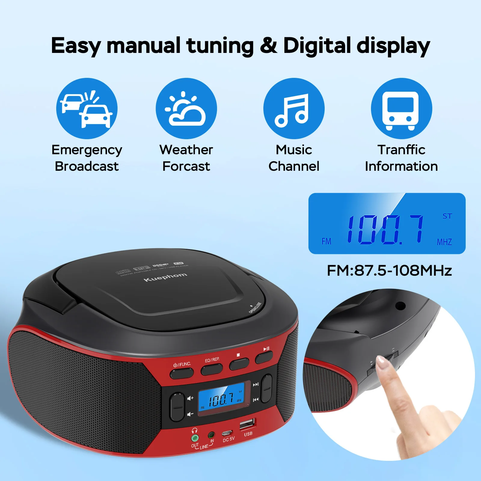 2025 مشغلات أقراص مضغوطة جديدة للمنزل مع مكبرات صوت ستيريو راديو FM Boombox يدعم قرص U/AUX/ قرص MP3/تشغيل CD-R
