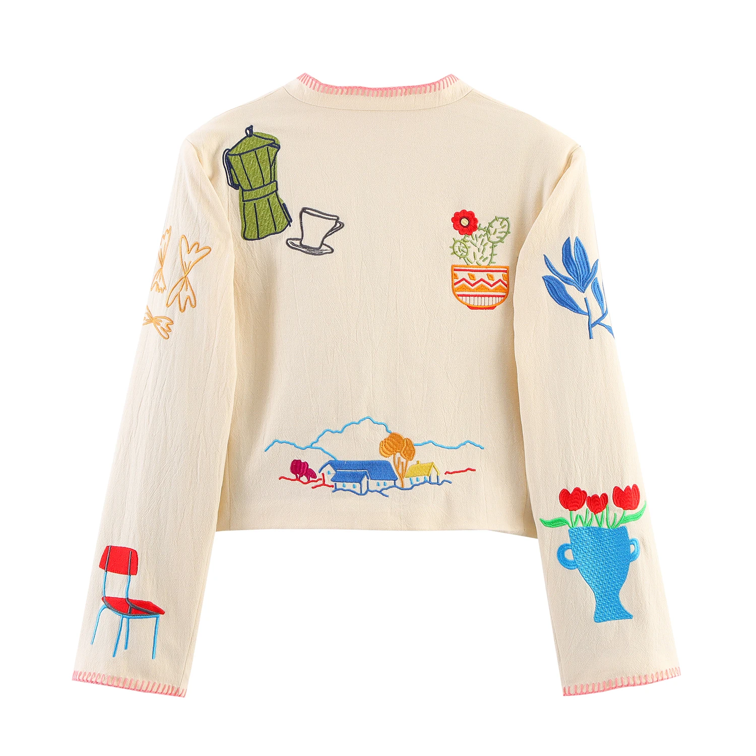 معطف قصير نسائي جديد لخريف 2025 فضفاض فضفاض برقبة دائرية وأكمام طويلة ومطرز متباين