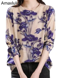 Amax luluE Summer Knitwear Womens Fashion Loose Printed Sweaters Ladies Luxury Leisure Floral Pullover Vintage Elegant Jumpers