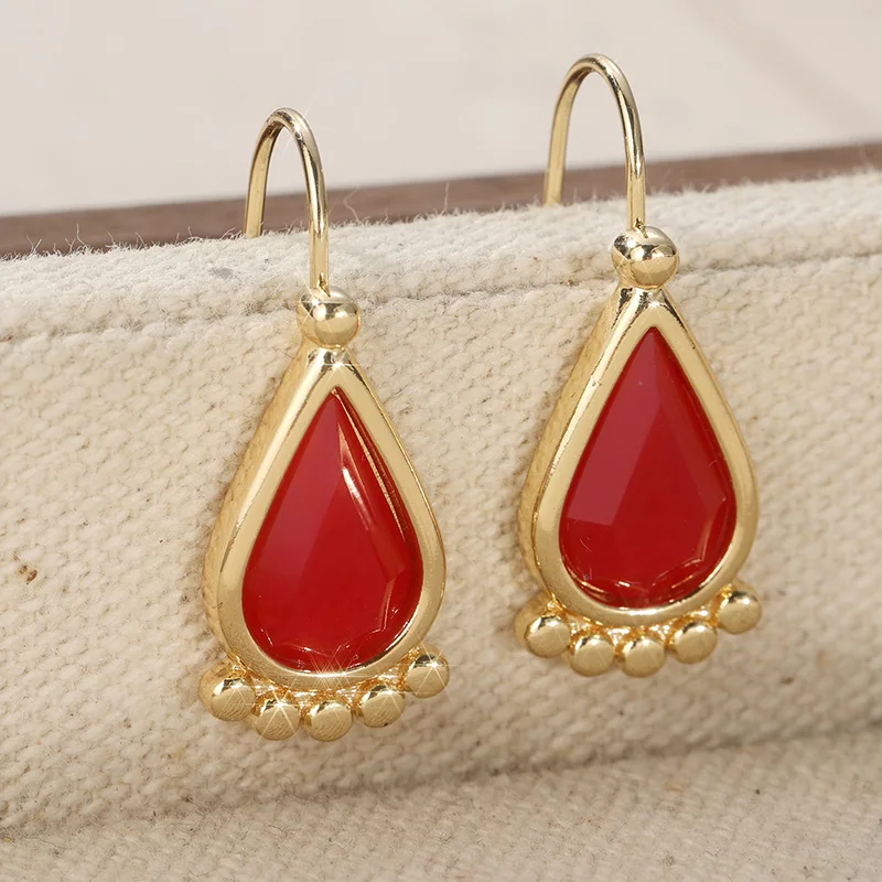 Vintage Triangular Shaped Pink Synthetic Agate Pendant Earrings Women's Bohemian Style Fashion Wedding Anniversary Jewelry Gifts