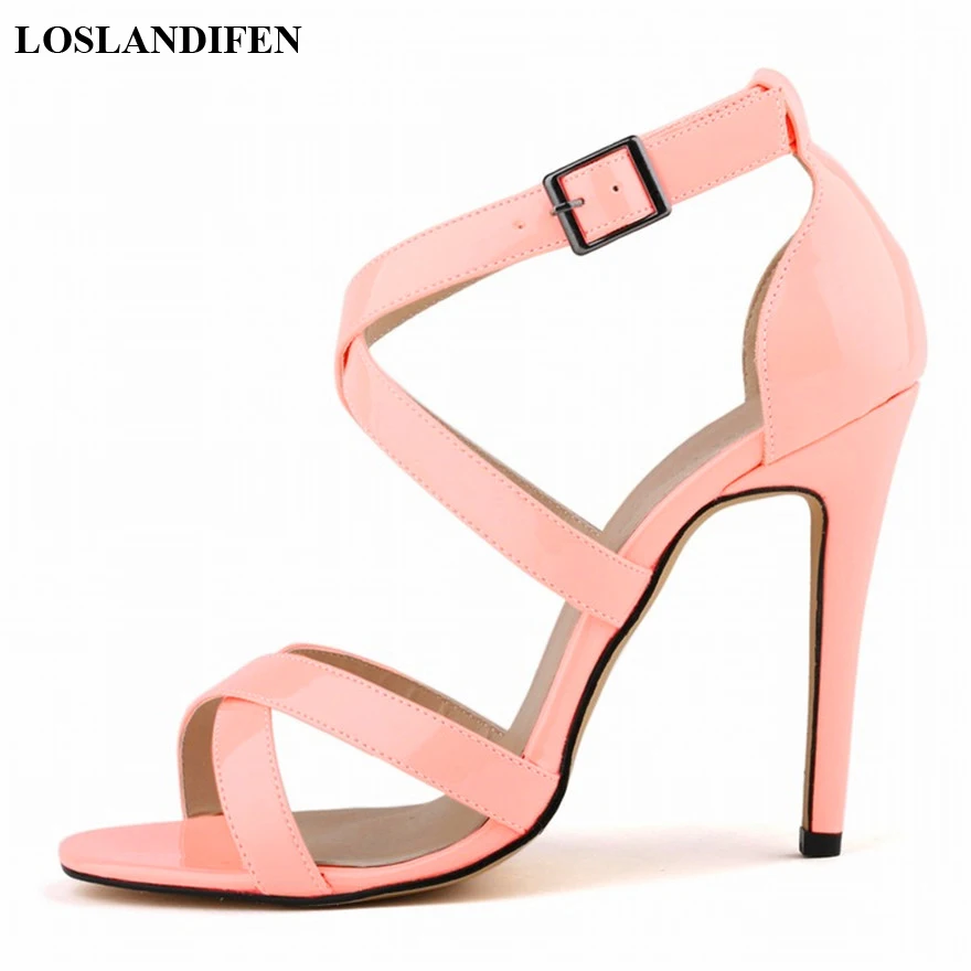 

16 Colors Women's Concise Buckle Summer Sandals Open Toe High Heels Shoes Sexy Cut-Outs Patent Leather Party Bride Sandals Woman