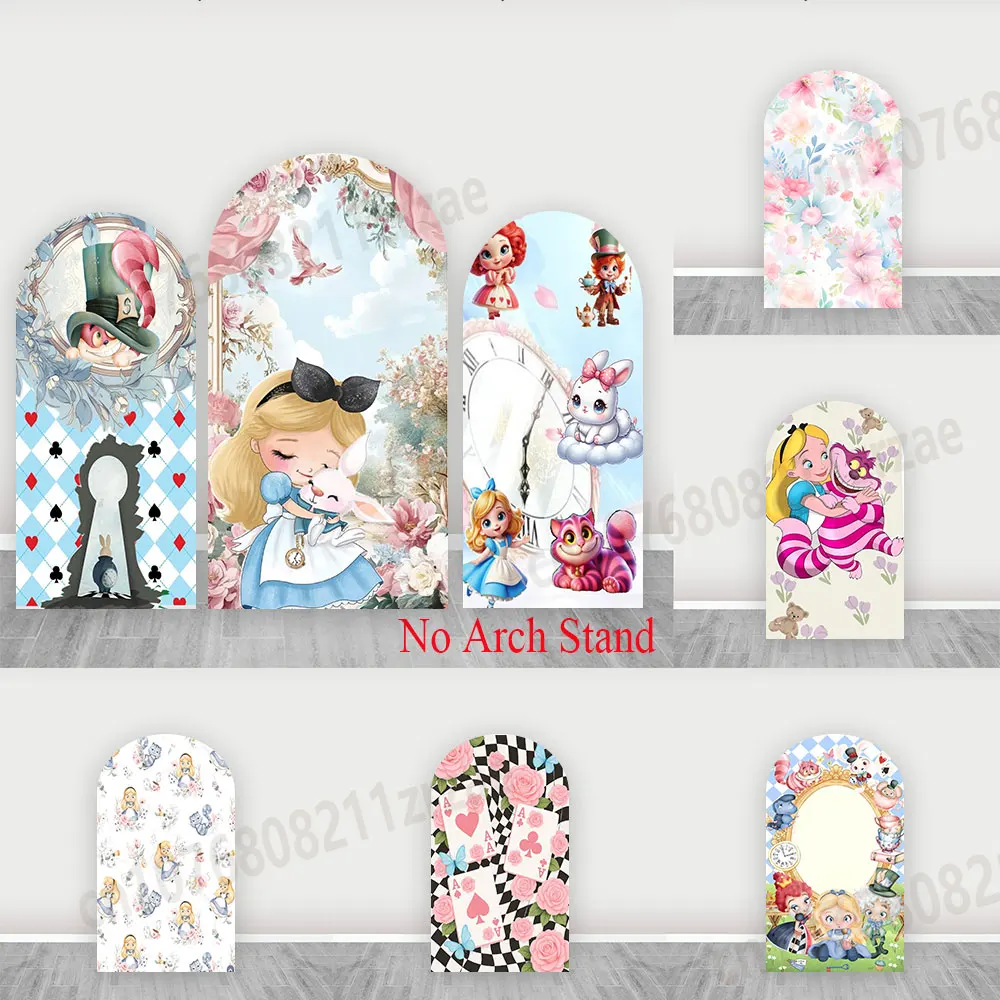 

Фон для фотосессии «Алиса в Стране чудес» с аркой, цветами и карманными часами для девочек, детский баннер для дня рождения и чаепития