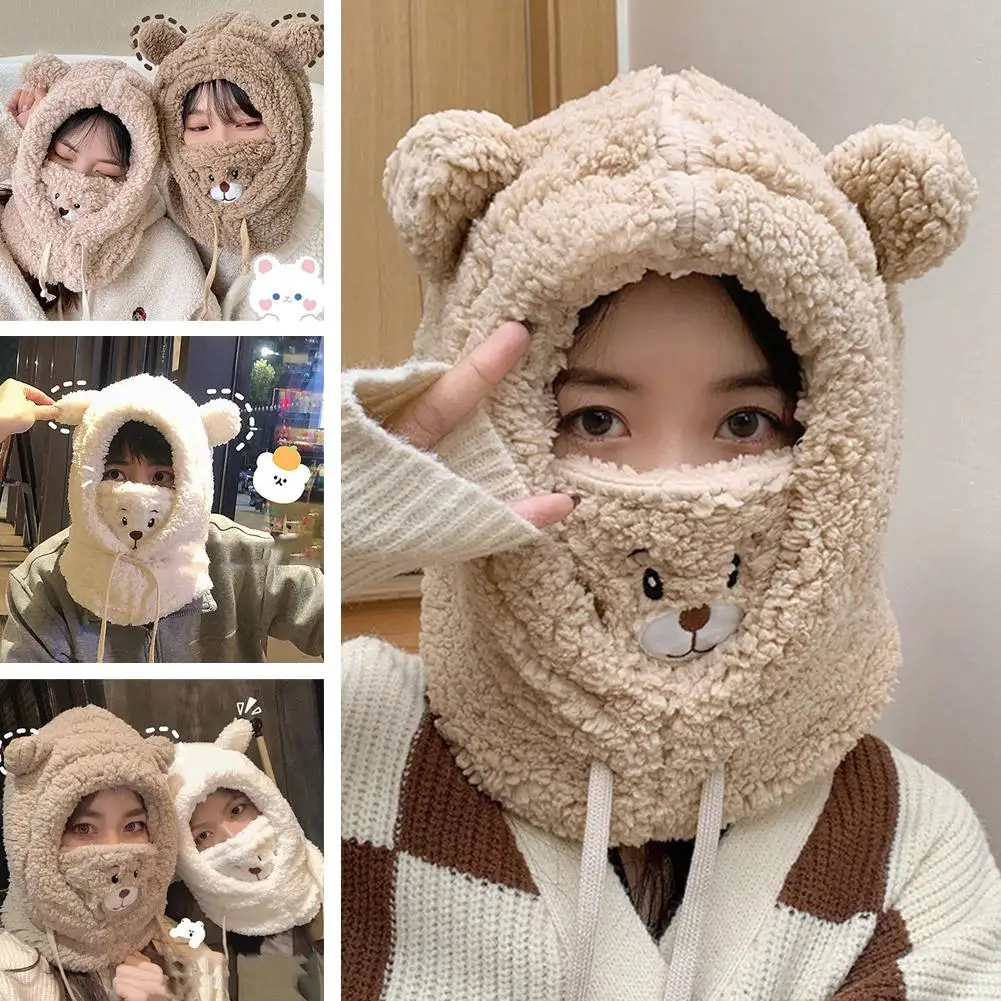 Winter Cute Bear Scarf Hat Warm All-in-one Hat Lamb Wool Hat Korean Plush Hat Women's D4v8