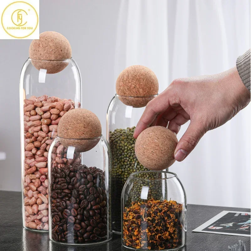 500/800/1200/1600mL Glass Food Storage Jar with Globular Cork Stopper Coffee Beans Tea Grains Canister Home Kitchen Storage Tank