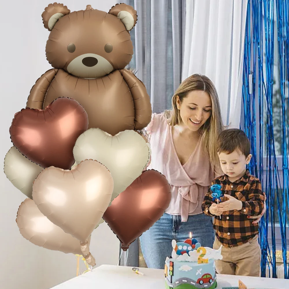 12/6PCS Cute Brown Bear Love Balloon Set Birthday Aluminum Film Decor Balloon Graduation Ceremony Welcome Baby Party Decoration