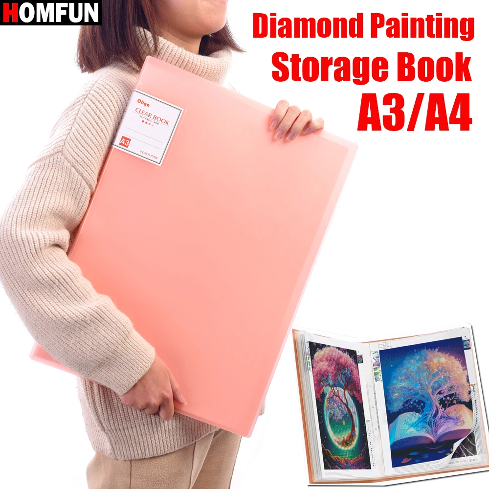 HOMFUN A3/A4 Diamond Painting Storage Book - Organizer with 30 Crystal Clear Pockets, Securely Stores and Displays Your Artwork