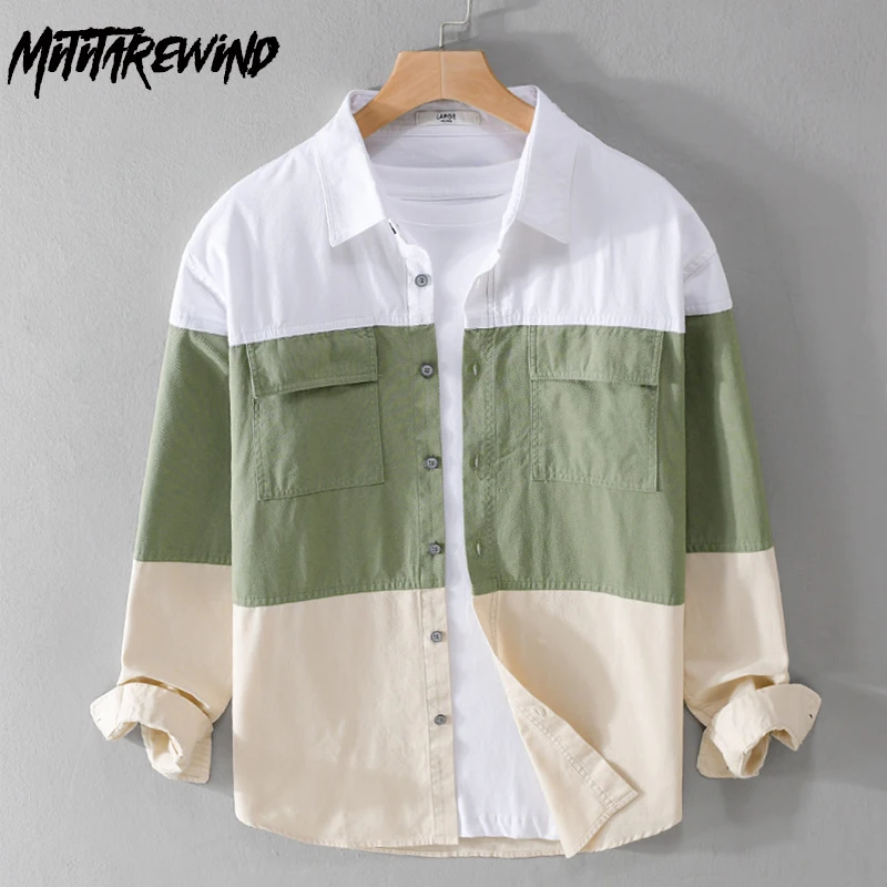 

Japanese New Long Sleeve Shirt Men Youth Street Fashion Shirts Pure Cotton Patchwork Contrast Color Design Shirt Slim Casual Top