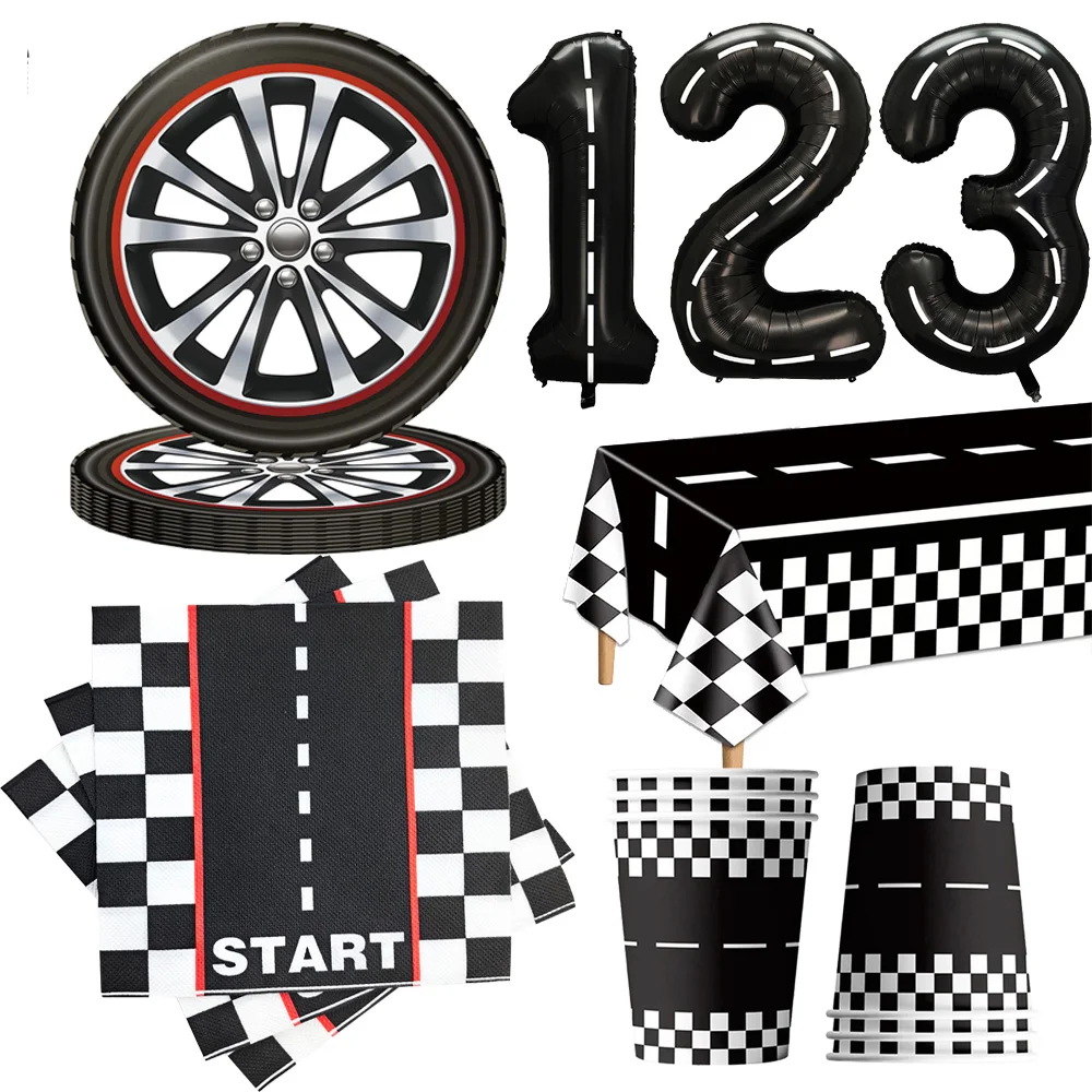 Racing Car Disposable Tableware Tire Dinning Plates for 1 2 3 Years Old Birthday Party Decoration Track Tablecloth