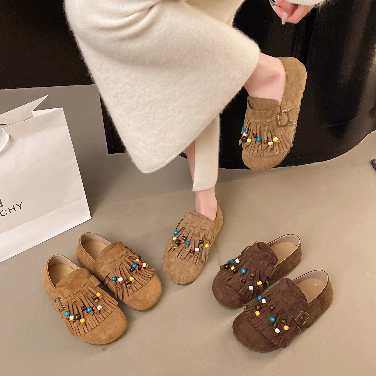 

Женские туфли с низким вырезом, весенне-осенние повседневные туфли ручной работы с кисточками из бисера, богемные немецкие тренировочные туфли на мягкой подошве