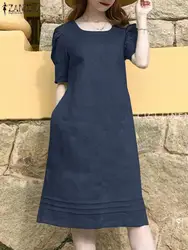 Women Summer Dress Fashion O Neck Holiday Sundress ZANZEA Elegant Cotton Dresses Femme Short Sleeve Work Vestidos Party Robe