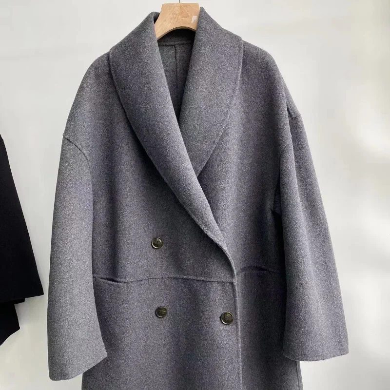 Autunno e inverno nuovo cappotto di lana doppiopetto a 3 colori cappotto di lana con risvolto a scialle con profilo allentato di media lunghezza