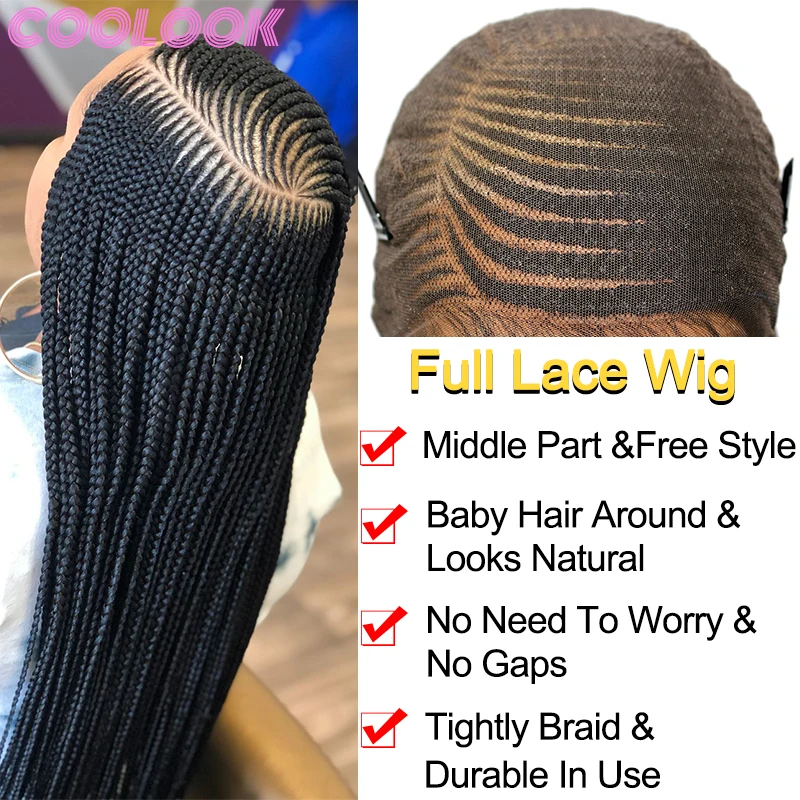 Synthetic Black Full Lace Braided Wig 36'' Distressed Silky Side Part Braids Wig Knotless Lace Frontal Braid Wigs with Baby Hair