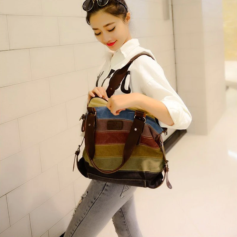 Canvas Totes， Striped Womens Handbag ，Patchwork Rainbow Shoulder Bag， Fashion Female Casual Crossbody Bag