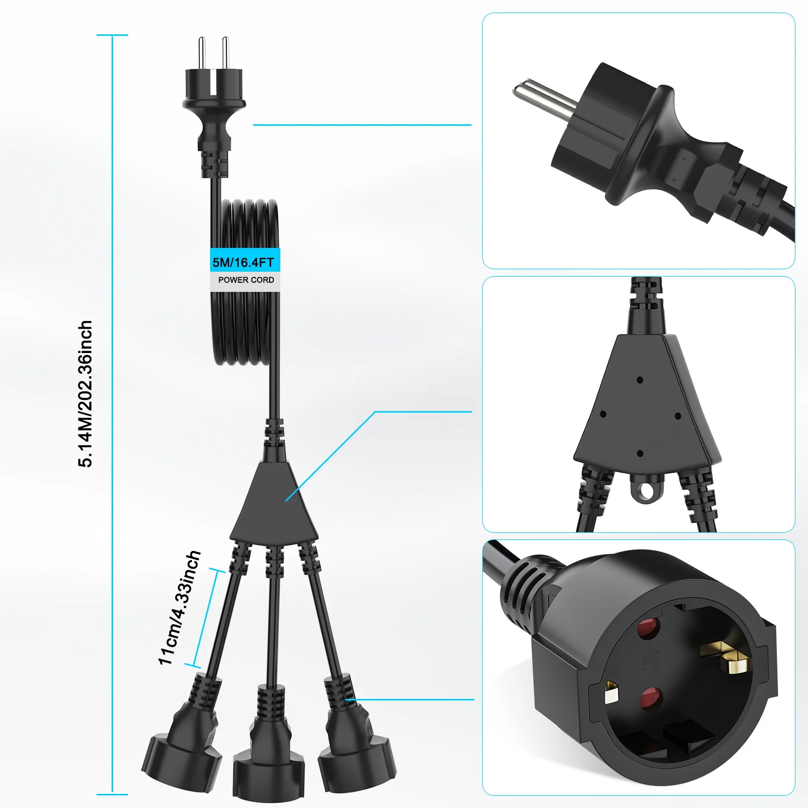 Eu Pull Ring Plug Extension Cord Expansion Socket 4000W 16A 250V IP44 Waterproof Suitable for Bathroom/Kitchen/Living Room Black