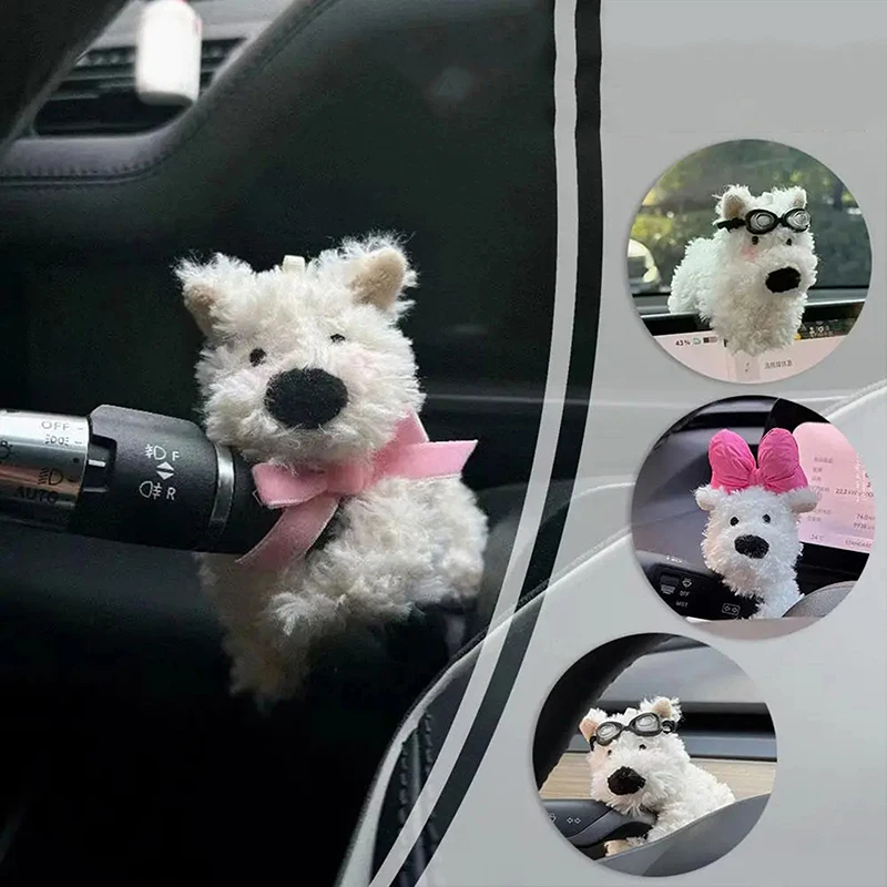 Car Plush Dog Doll Car Wiper Turn Signal Switch Decoration Steering Light Wipe Ornament Cute Bowknot Dog Car Interior Decor Gift